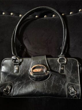 Classic Black Leather Tote Handbag with Silver Accent